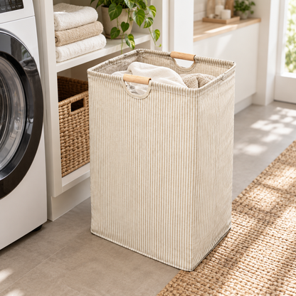 Beige Vertical-Stripe Laundry Hamper with Wooden Handles