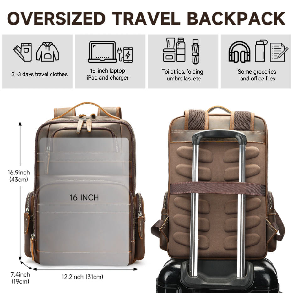 Genuine Leather Horsehide Backpack - Large Capacity Travel Bag