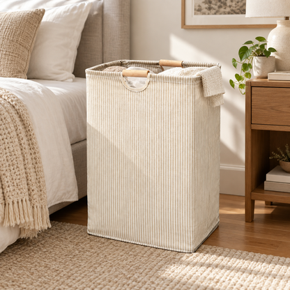 Beige Vertical-Stripe Laundry Hamper with Wooden Handles