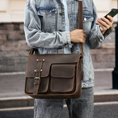 Genuine Leather Crossbody Messenger Bag - Multi-Functional Cowhide Shoulder Bag
