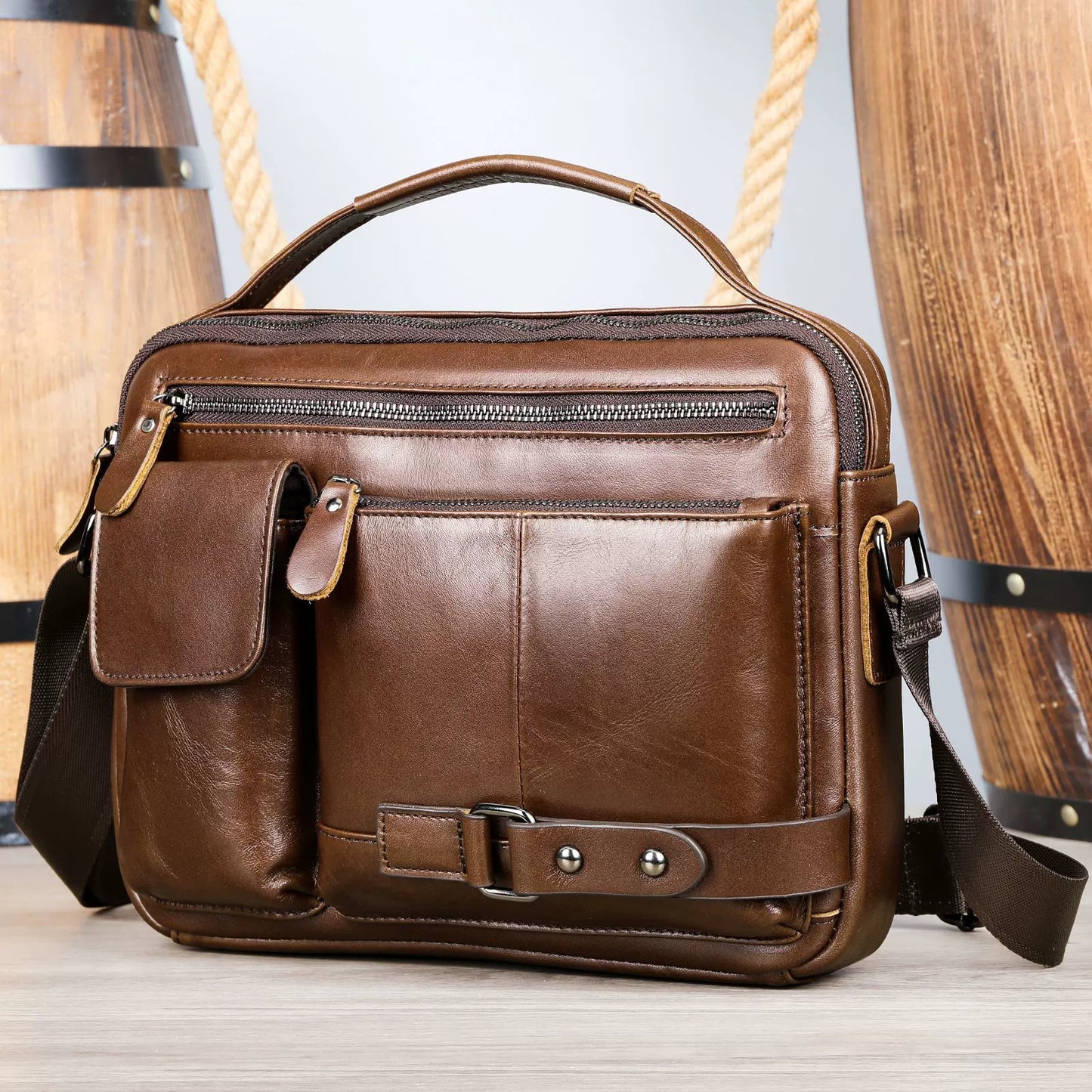 Genuine Leather Crossbody Messenger Bag - High-Quality Waxed Cowhide