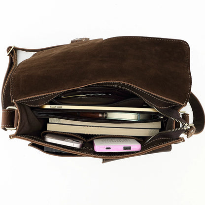 Genuine Leather Crossbody Messenger Bag - Multi-Functional Cowhide Shoulder Bag