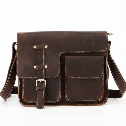 Genuine Leather Crossbody Messenger Bag - Multi-Functional Cowhide Shoulder Bag