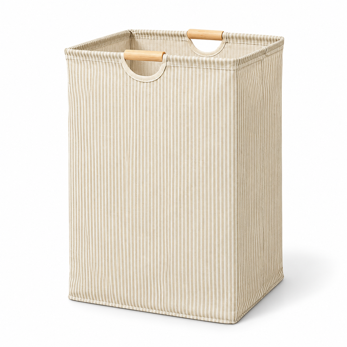 Beige Vertical-Stripe Laundry Hamper with Wooden Handles