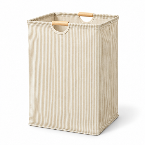 Beige Vertical-Stripe Laundry Hamper with Wooden Handles