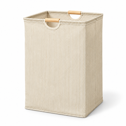 Beige Vertical-Stripe Laundry Hamper with Wooden Handles