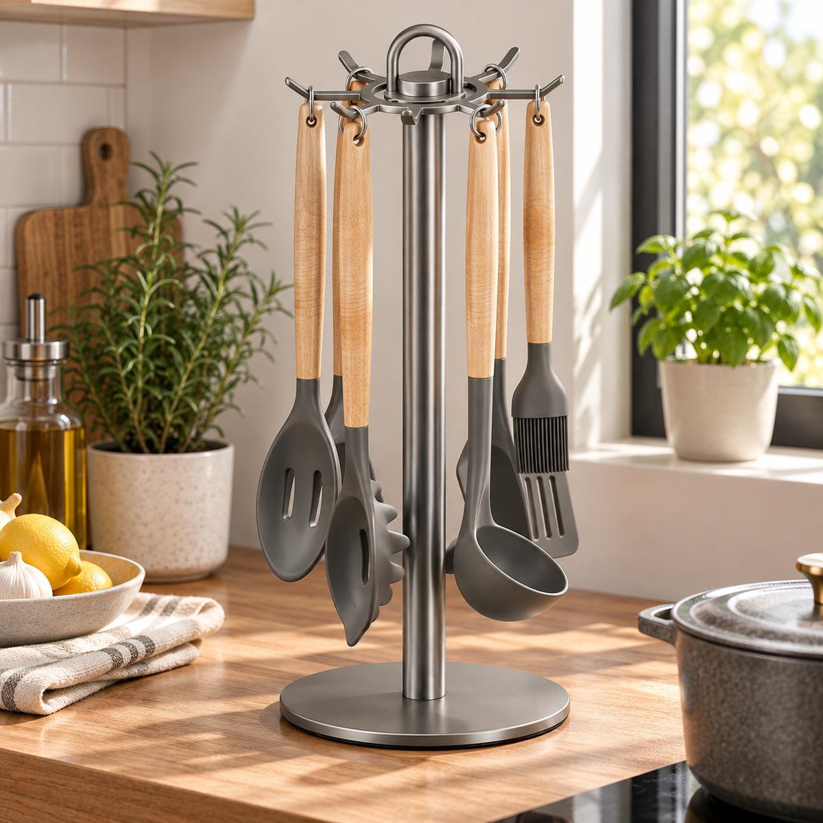 Rotating 8-Hook Kitchen Utensil Rack