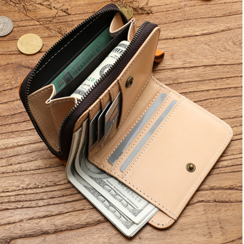 Vegetable-Tanned Top Grain Leather Men's Short Wallet